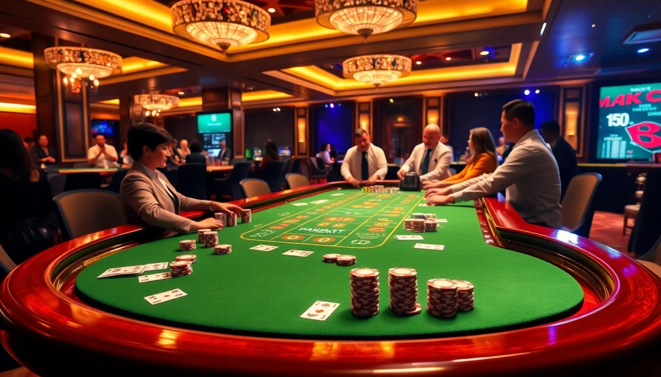 Play exciting Baccarat at Bin88 casino with plush tables, vibrant chips, and a professional dealer.