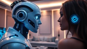 Engaging interaction with an AI sex bot in a modern, ambient living room.