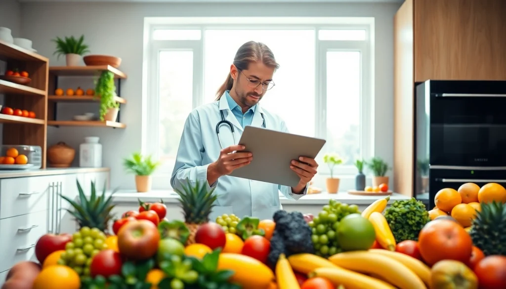 Nutritionist reviewing benefits of intermittent fasting with fresh fruits and vegetables.