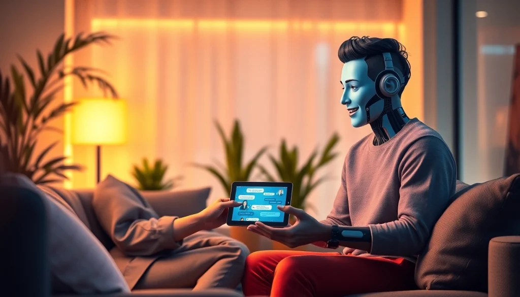 Vibrant scene of a user interacting with a friendly sex chat AI character in a cozy setting.