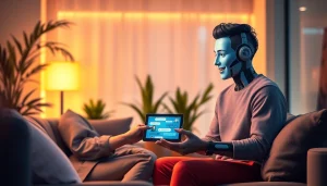 Vibrant scene of a user interacting with a friendly sex chat AI character in a cozy setting.
