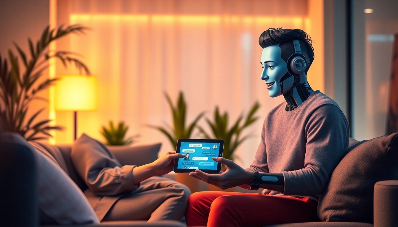Vibrant scene of a user interacting with a friendly sex chat AI character in a cozy setting.