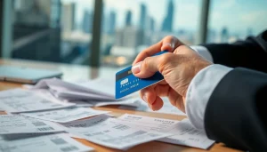 카드깡과 관련된 신용카드와 영수증이 어지럽게 놓인 테이블 위에서 손에 쥐어진 카드의 모습