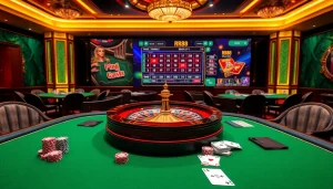 Engaging scene of sophisticated gambling at https://rr88.wales/ showcasing casino tables, roulette, and poker.