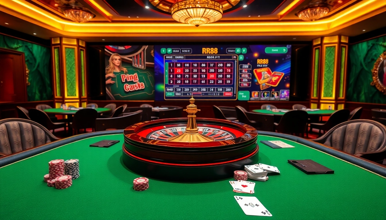 Engaging scene of sophisticated gambling at https://rr88.wales/ showcasing casino tables, roulette, and poker.