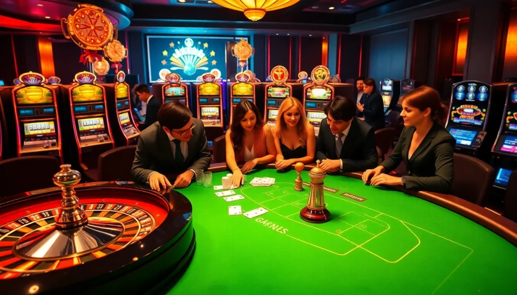 Players enjoying blackjack at a luxurious casino table, explore https://giaimanhacai.news/ for top gambling experiences.