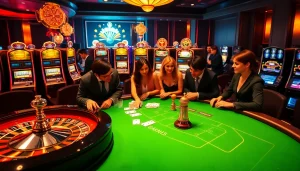 Players enjoying blackjack at a luxurious casino table, explore https://giaimanhacai.news/ for top gambling experiences.