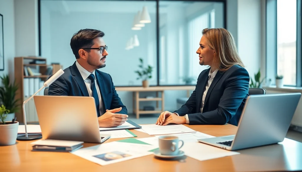 Engaging real estate lawyer advising a client in a modern office.