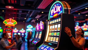 Mainkan plink slot dengan antusias di tengah suasana kasino yang meriah.