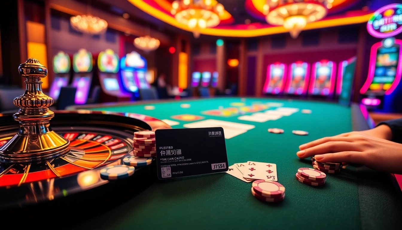 A vibrant casino scene showcasing gambling excitement with a 상품권카드 on the table, poker chips, and a roulette wheel.