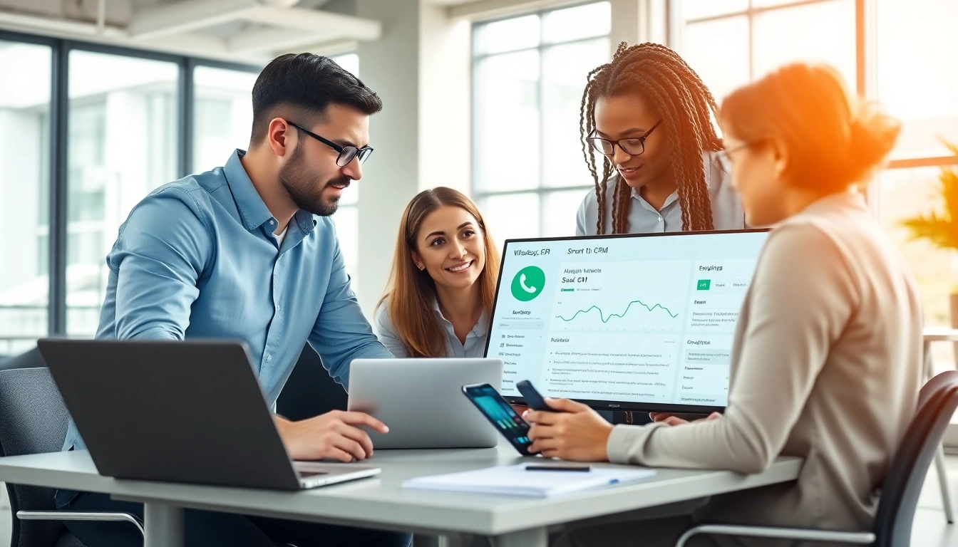 Using WhatsApp Smart CRM for business collaboration with a professional team in an office.