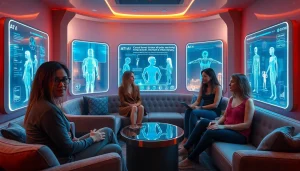 Innovative AI sex technology showcases diverse interactions in a modern lounge setting.