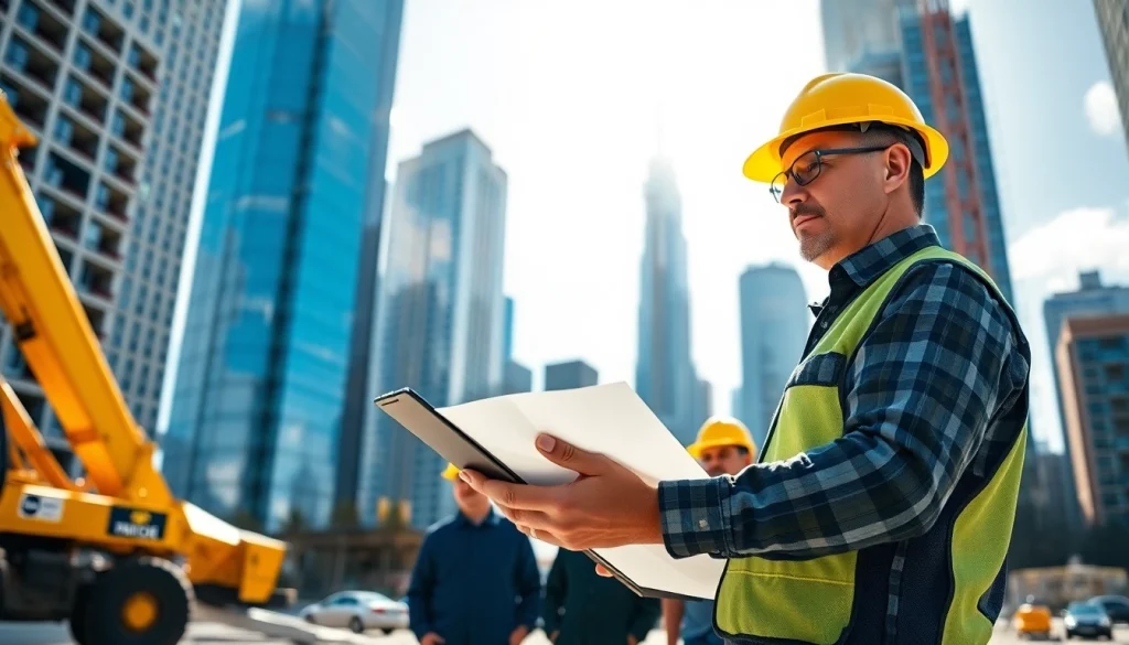 Professional Manhattan Construction Manager oversees a construction project in a bustling city.