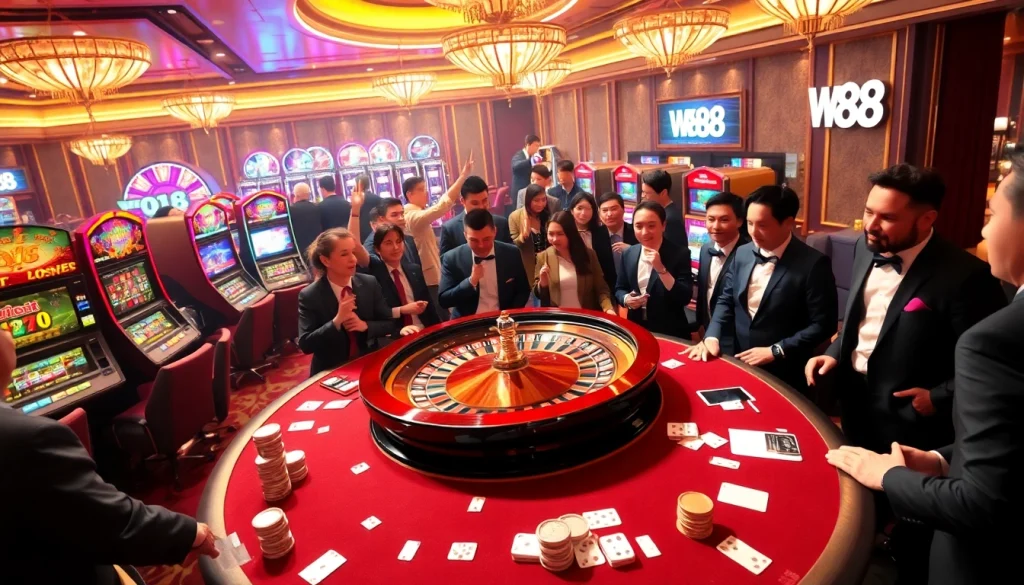 Experience the thrill of gaming at the W88 link with energetic casino visuals and vibrant roulette.
