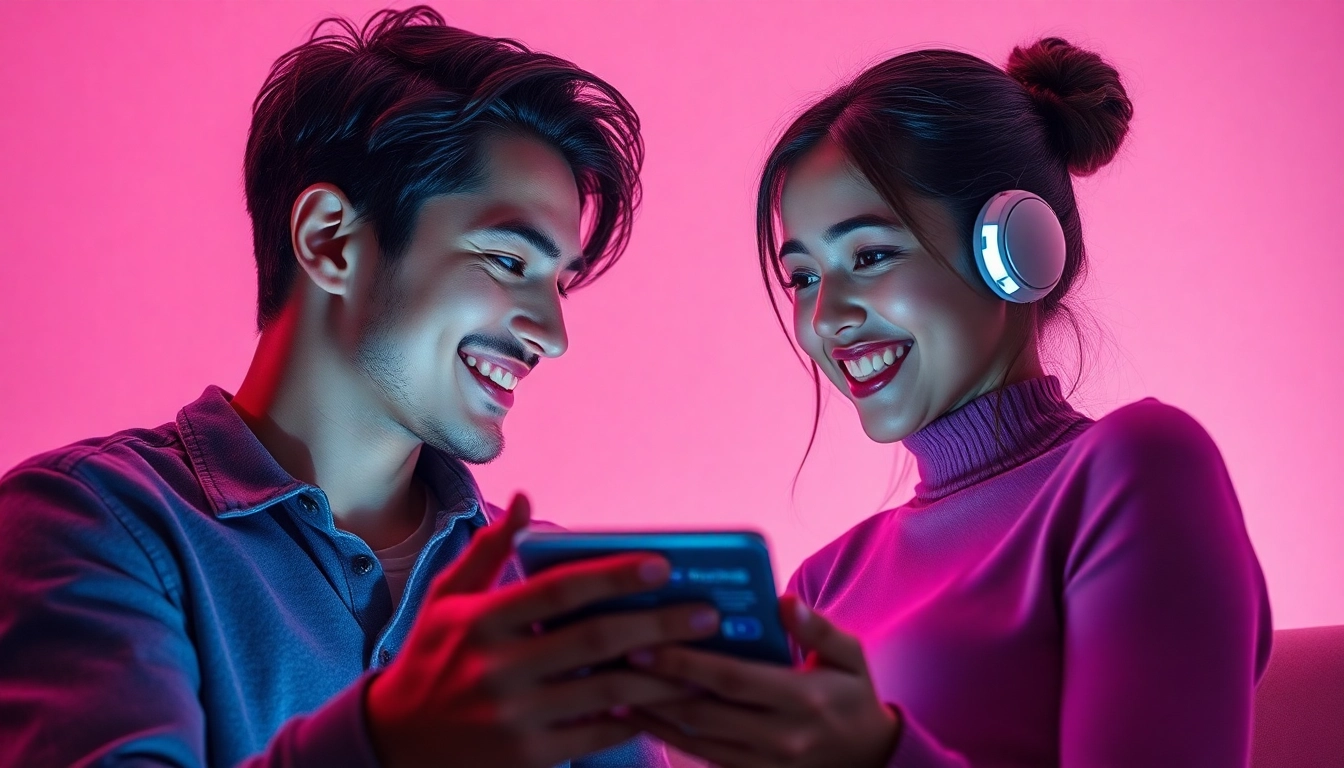 Engaging couple enjoying intimate ai sex chat with a chatbot on a modern device.