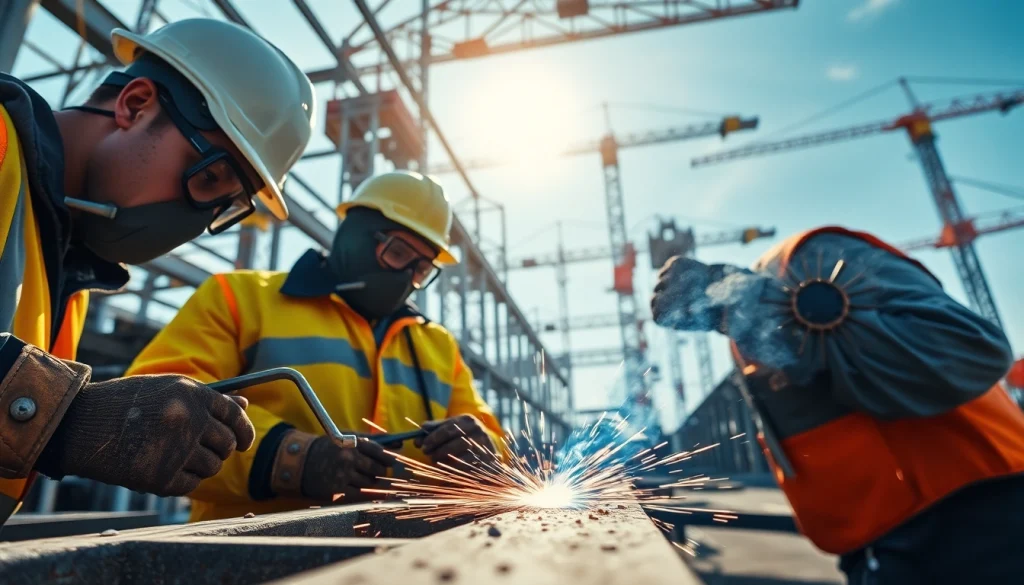 Technician demonstrating structural steel welding techniques on-site with dynamic sparks and precise movements.