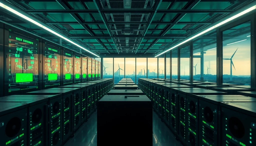 Dynamic view of a cloud mining app facility showcasing advanced technology and renewable energy sources.