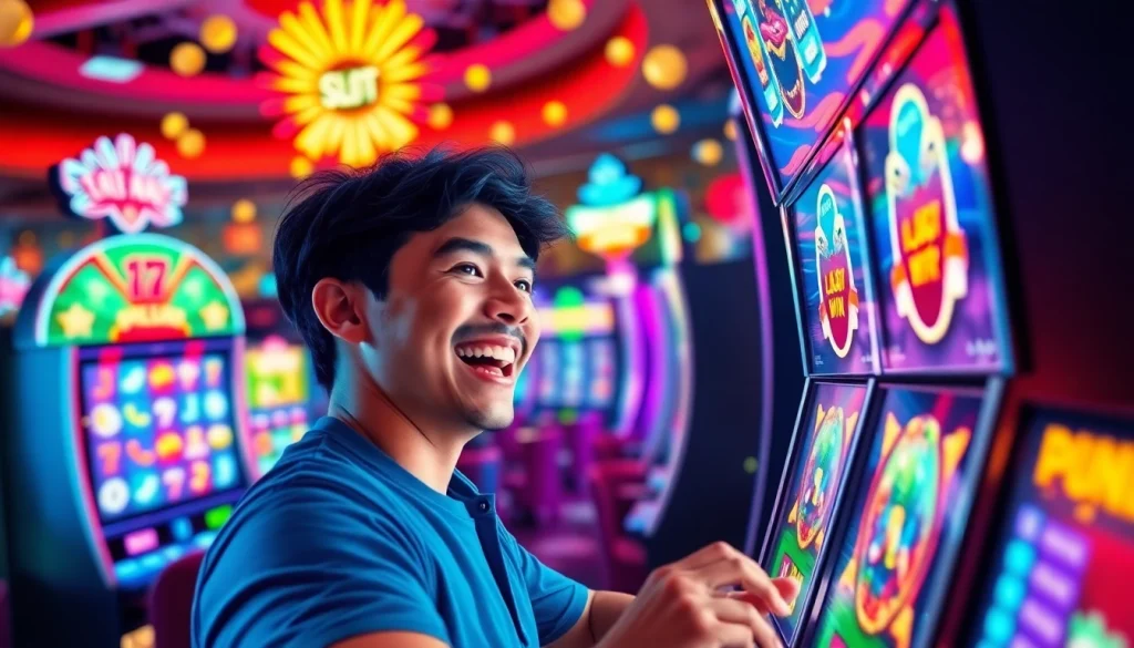 Slot pulsa sedang dimainkan oleh pemain di kasino virtual penuh warna.