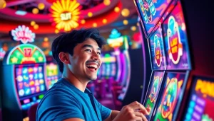 Slot pulsa sedang dimainkan oleh pemain di kasino virtual penuh warna.