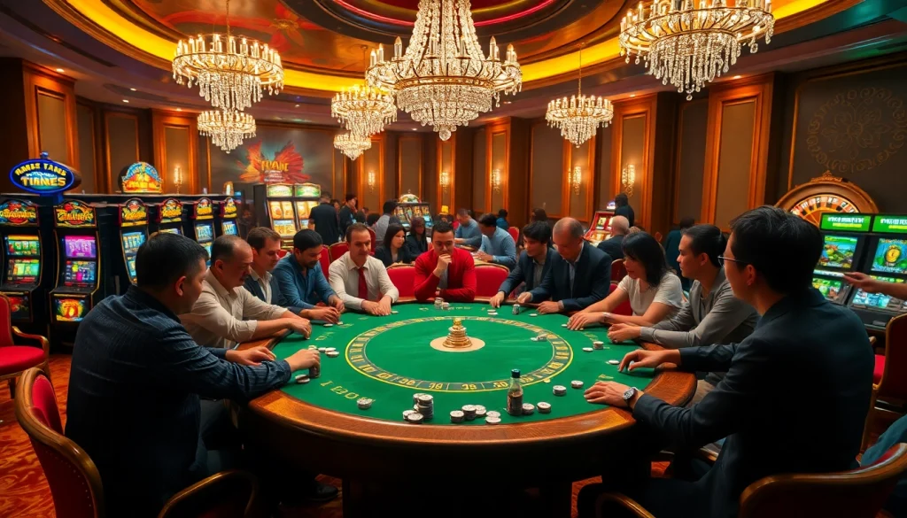 Players experiencing the excitement of high-stakes gambling at https://thabet.vegas/ casino tables, showcasing vibrant poker action.