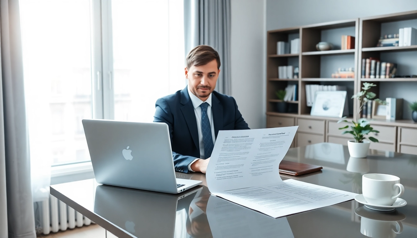 Cadre professionnel d'un traducteur assermenté russe travaillant avec des documents dans un bureau élégant.