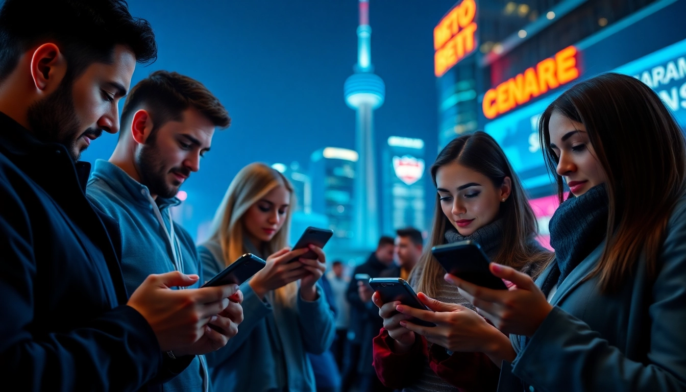 Engaging with sports betting apps Canada amidst a vibrant cityscape, showcasing diverse bettors.