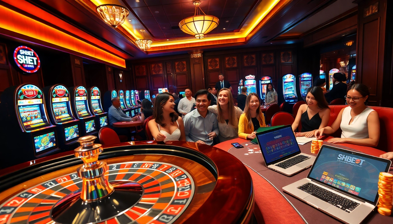 Experience the thrill of SHBET at a bustling casino, featuring poker chips, roulette, and slot machines.