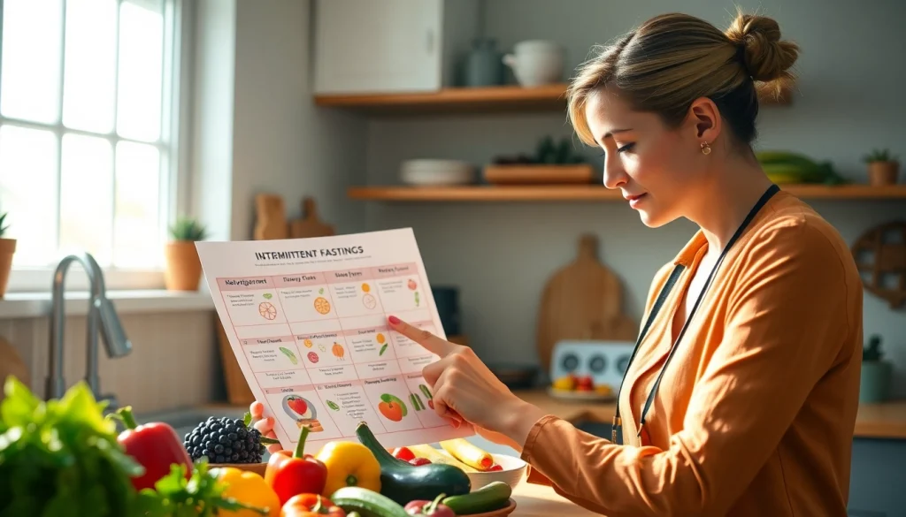 Nutritionist discussing intermittent fasting strategies with colorful fruits and vegetables.