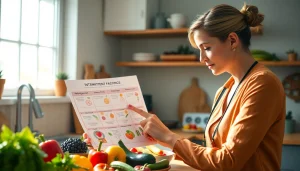Nutritionist discussing intermittent fasting strategies with colorful fruits and vegetables.