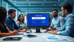 Online phone number verification process in a modern office setting with professionals engaging.