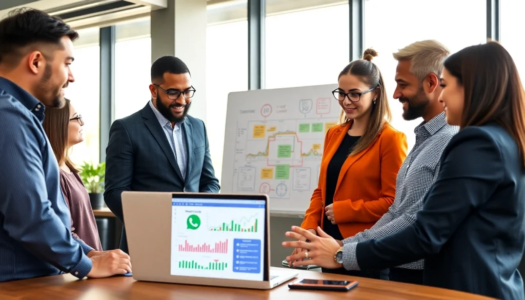 Team strategizing the implementation of a WhatsApp Smart CRM in a modern office setting.