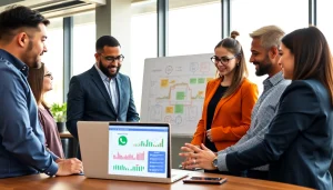 Team strategizing the implementation of a WhatsApp Smart CRM in a modern office setting.