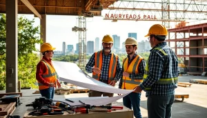 Showcasing a collaboration in Austin construction with workers on-site, highlighting teamwork and urban growth.