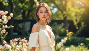 Rivelle dress model showcasing elegance in a beautiful garden setting