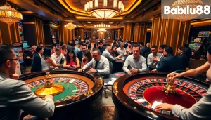 Intense poker action at Babu88 Casino with vibrant roulette and betting atmosphere.
