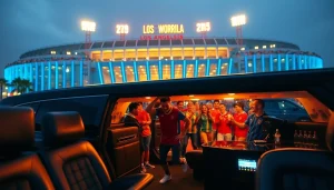 World Cup Group Transportation featuring excited fans stepping out of a luxurious limousine outside a stadium in Los Angeles.