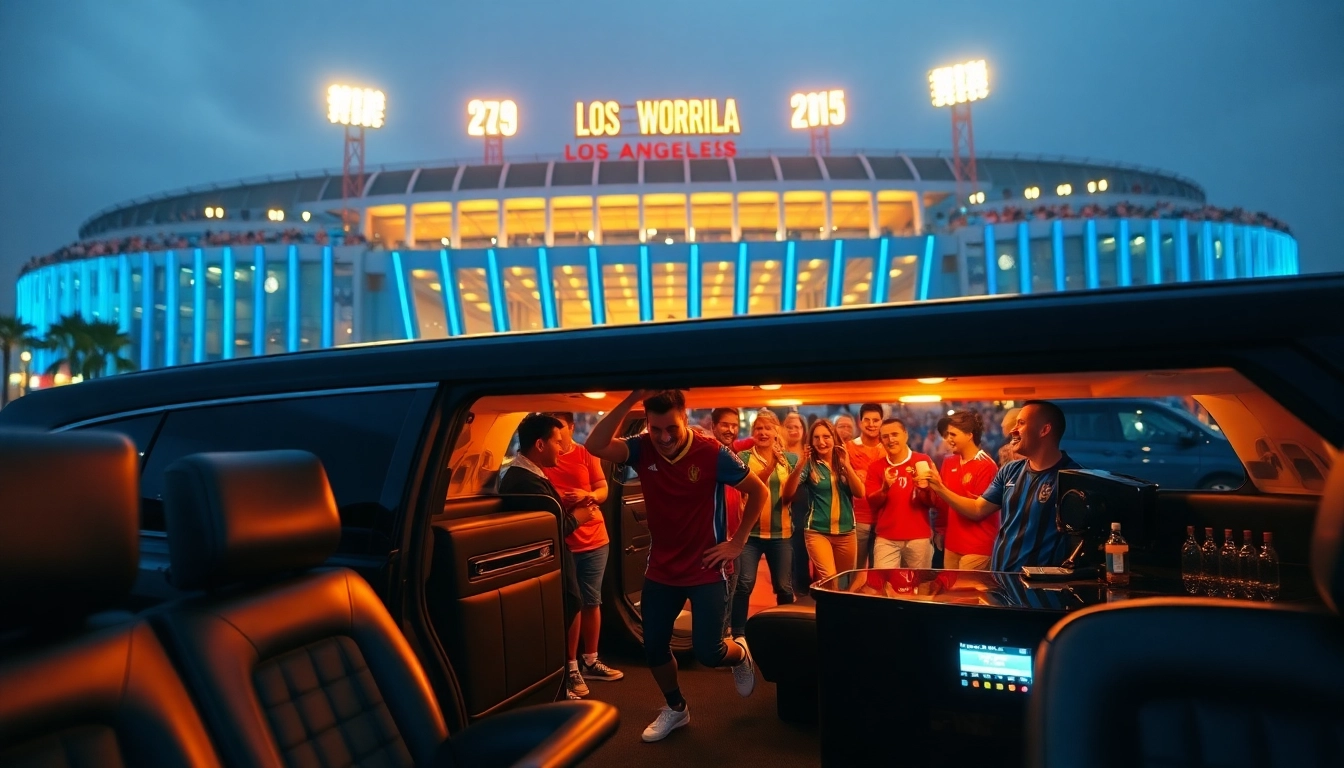 World Cup Group Transportation featuring excited fans stepping out of a luxurious limousine outside a stadium in Los Angeles.