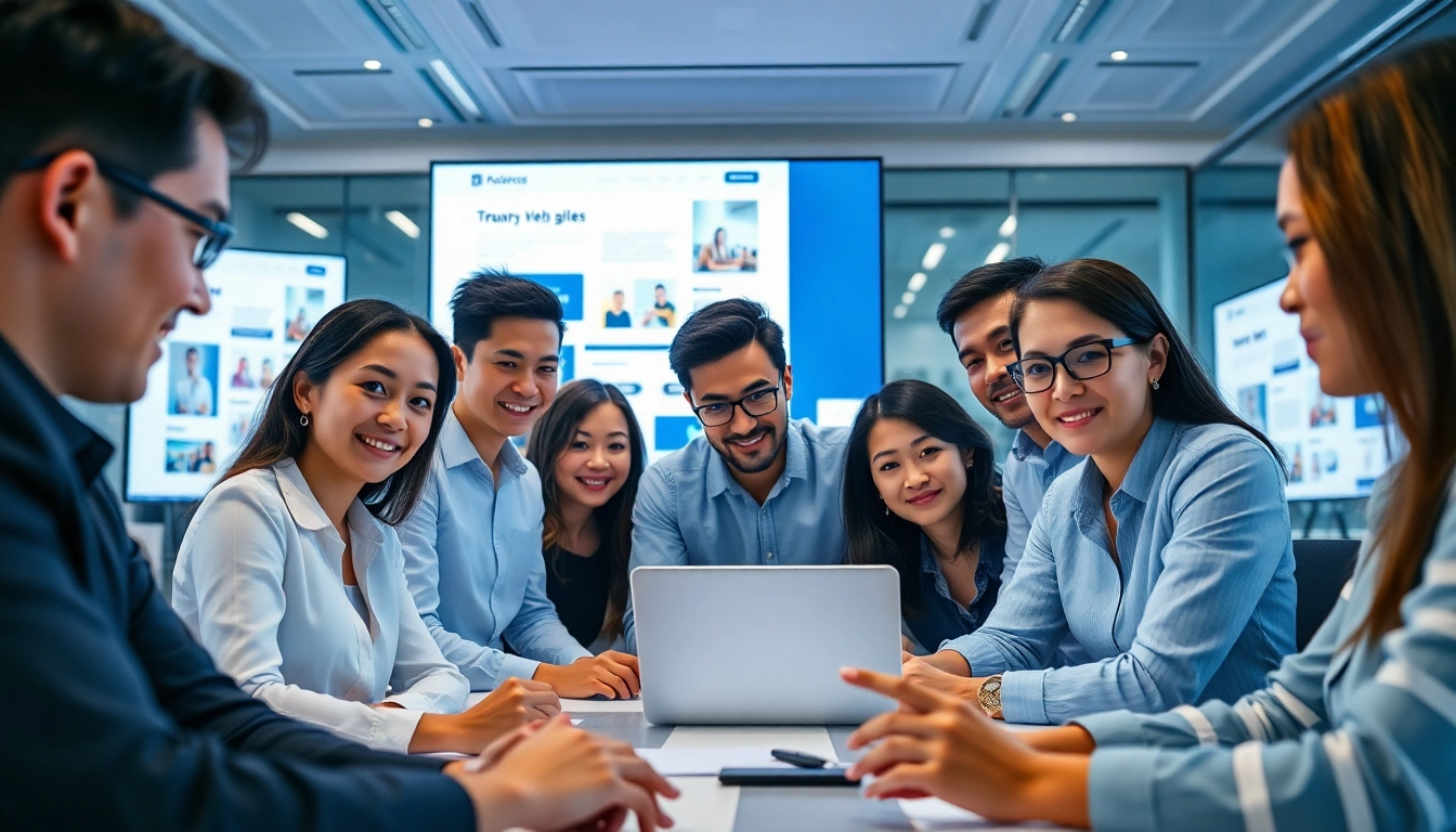 Engaging team session in a modern office for thiết kế website theo yêu cầu with digital screens and creative collaboration.
