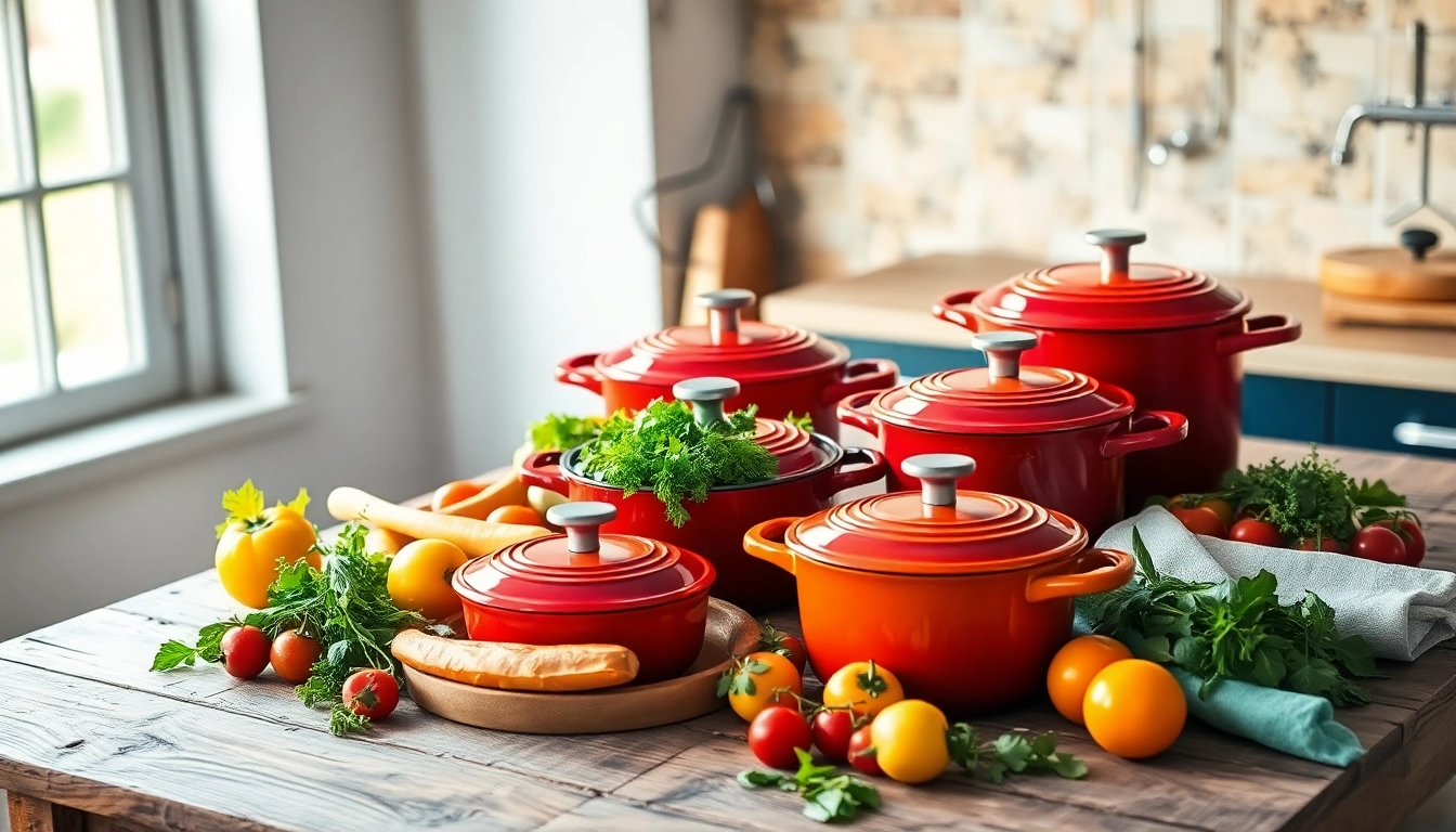 Beautiful arrangement of Le Creuset NZ cookware with fresh veggies on a wooden table.