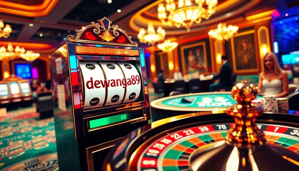 Mainkan permainan seru di dewanaga89 slot, menampilkan elemen kasino yang hidup dan pemain yang dinamis.