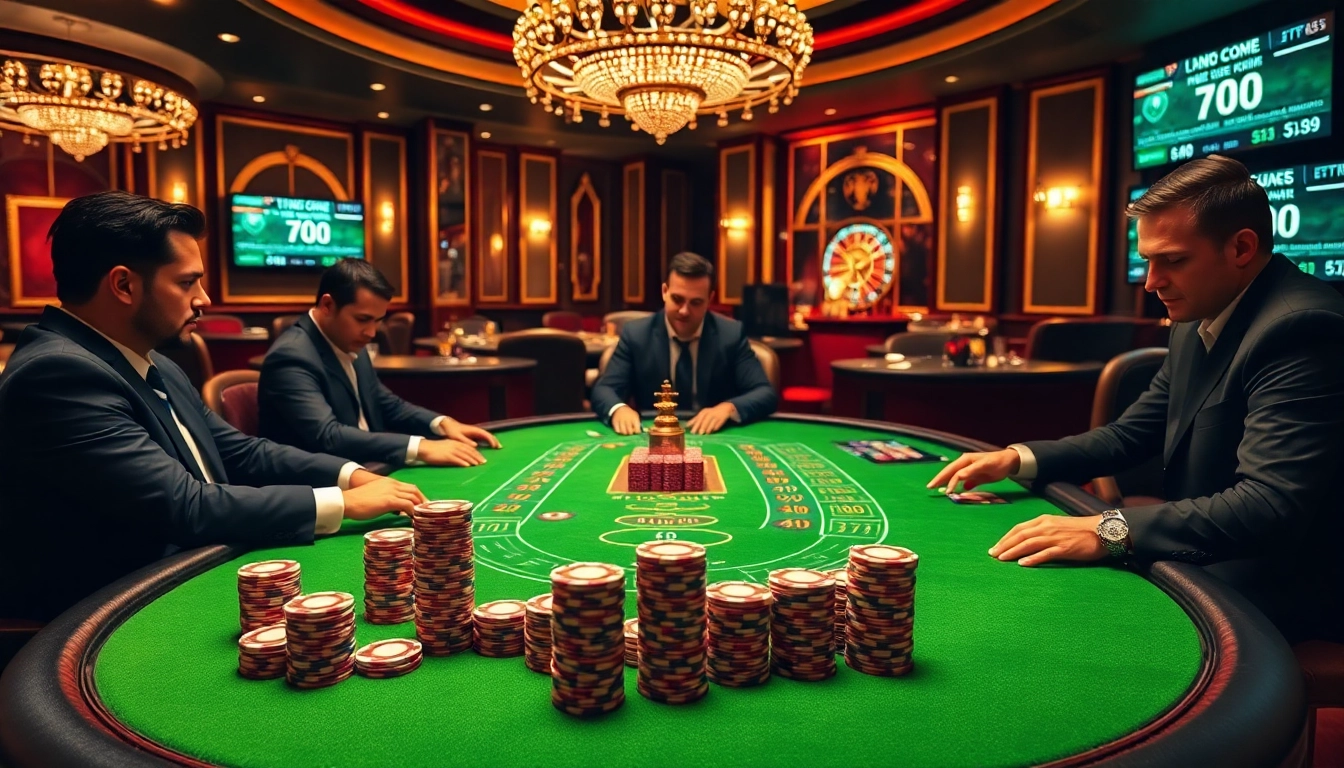 Players at a gambling table analyzing odds on 7mcn in a luxurious casino setting.