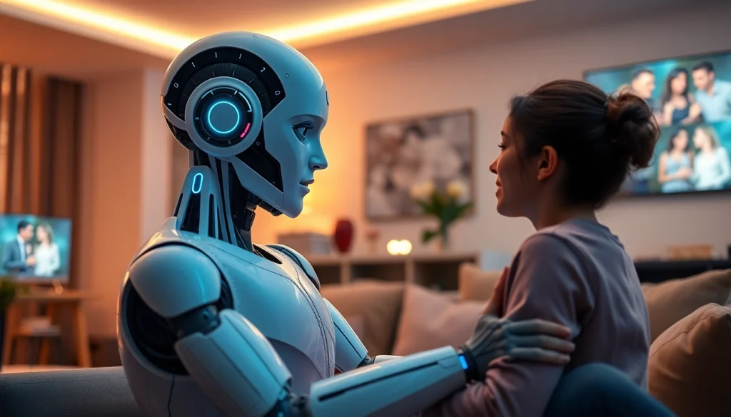 Person interacts with AI sex robot in a cozy, modern living room.