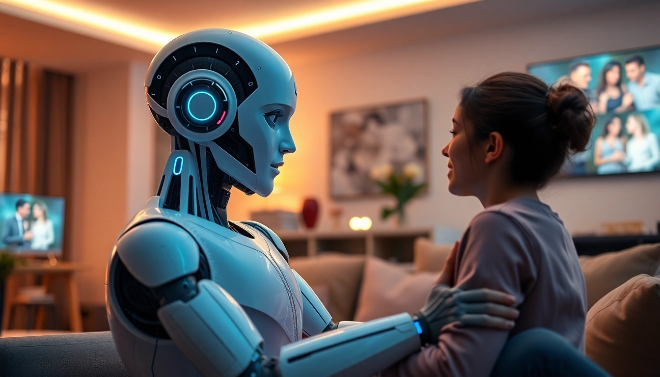 Person interacts with AI sex robot in a cozy, modern living room.