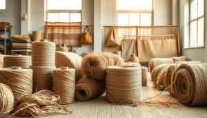 Jute stof met verschillende texturen en spools in een creatieve werkomgeving.