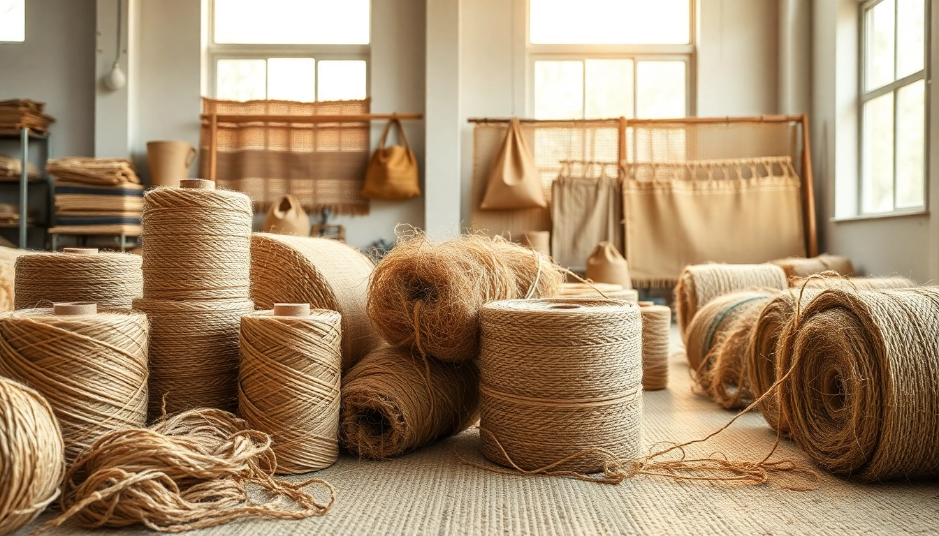 Jute stof met verschillende texturen en spools in een creatieve werkomgeving.