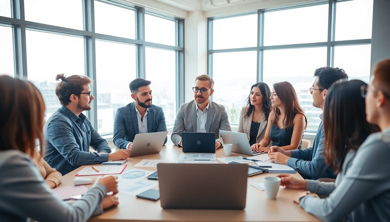 Engaging business coaching service session with diverse entrepreneurs collaborating.