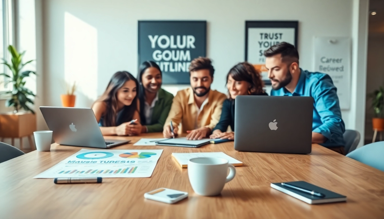 Engaged group collaborating on a Job Search strategy in a bright and modern workspace.