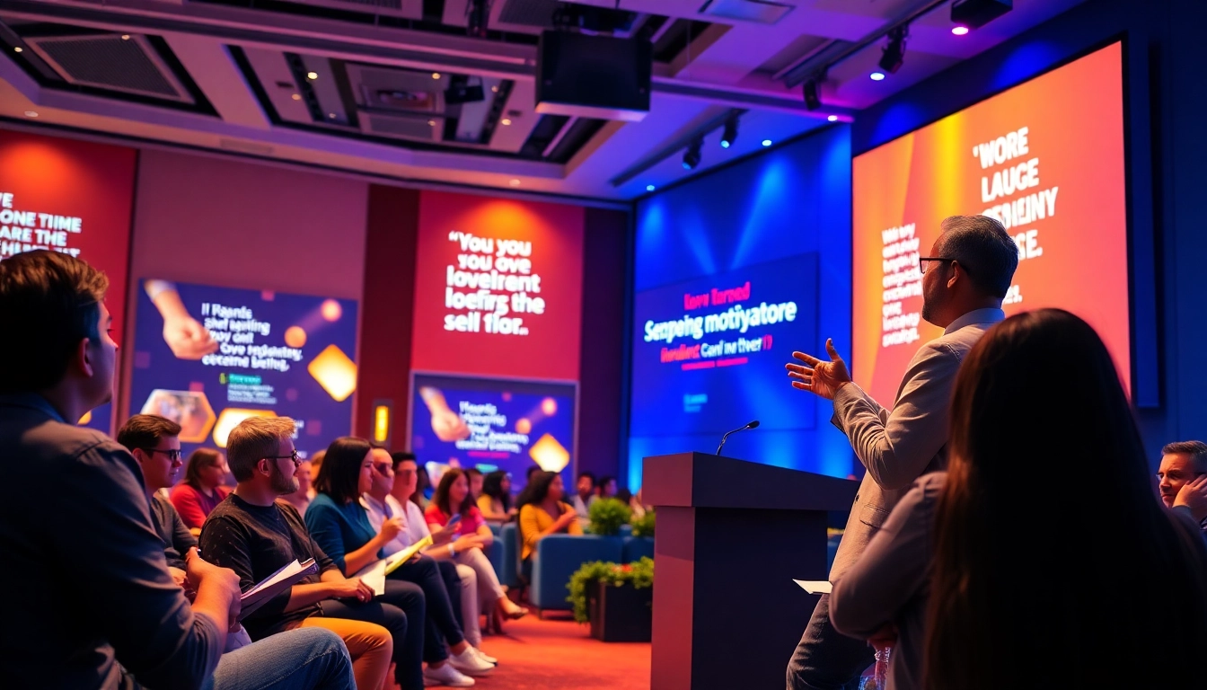 Engaging scene of a motivational seminar showcasing expert motivation benefits with a diverse speaker and enthusiastic audience.