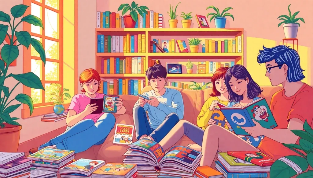 다양한 무료웹툰을 즐기는 사람들의 모습과 아늑한 독서 공간