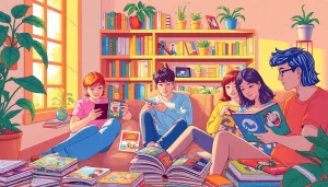 다양한 무료웹툰을 즐기는 사람들의 모습과 아늑한 독서 공간